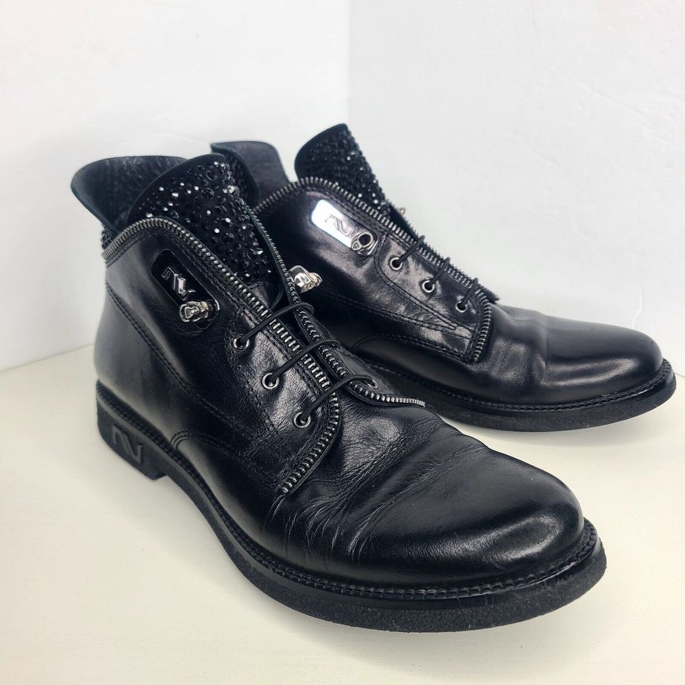 Nursace Womens Black Leather Slip On Rhinestone Ankle Boots Booties Sz EU‎ 37